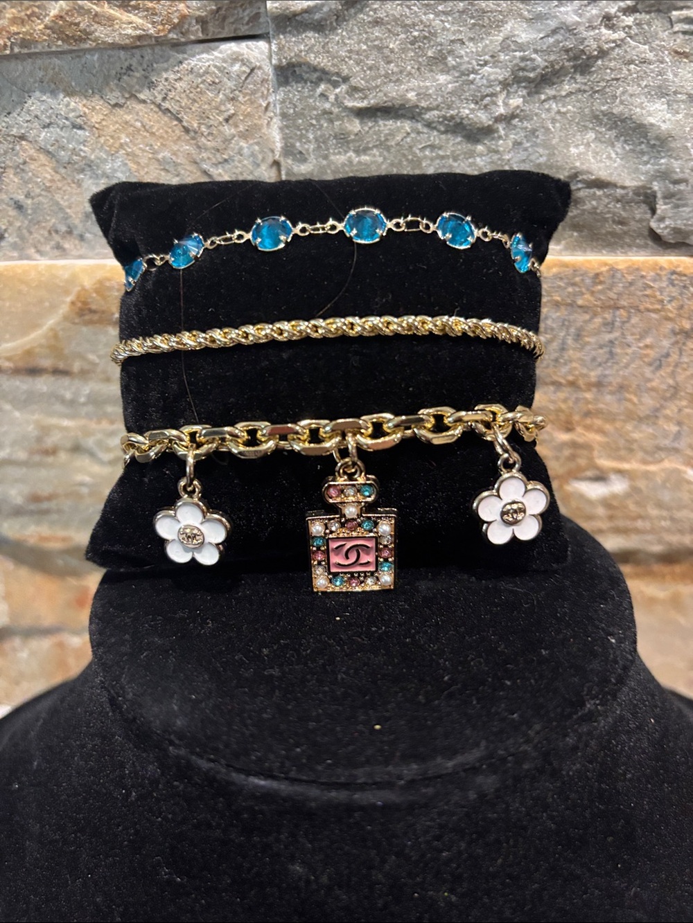 Gold 3 piece Charm Bracelet with Pink & Turquoise Accents